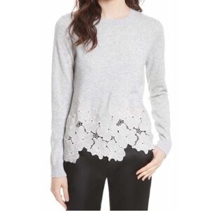 TED BAKER Jayya Gray Color Block Wool Cashmere Lace Inset Crewneck Sweater 1/XS
